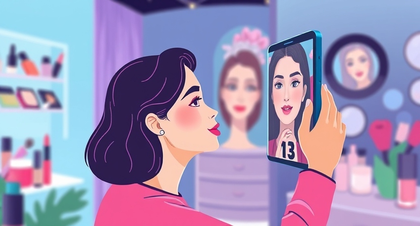 Pengguna berinteraksi dengan teknologi augmented reality untuk mencoba makeup.