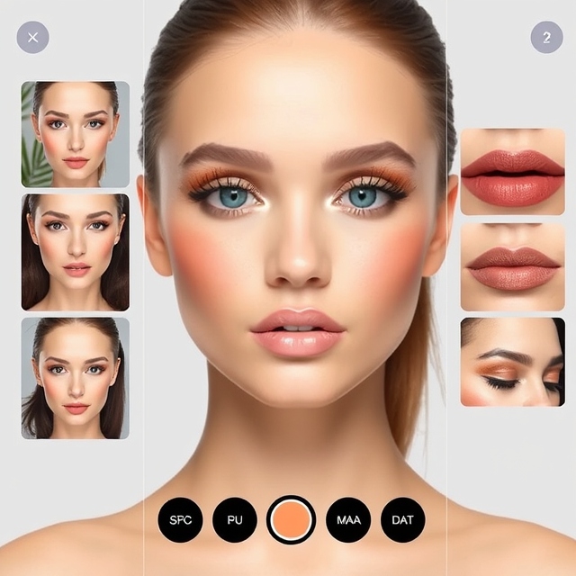 Interface aplikasi makeup virtual yang menunjukkan berbagai pilihan makeup.