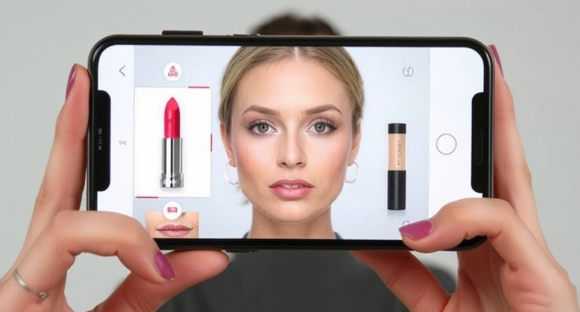 Teknologi AR untuk mencoba produk makeup secara virtual.