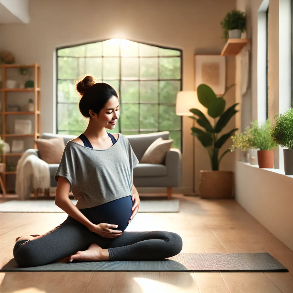 Wanita hamil melakukan yoga atau stretching ringan di rumah dengan pakaian olahraga yang nyaman.