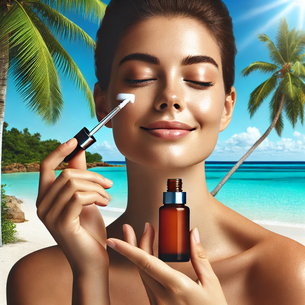 Seorang traveler mengaplikasikan serum kaya antioksidan di wajahnya saat menikmati liburan tropis dengan latar pantai dan langit biru.