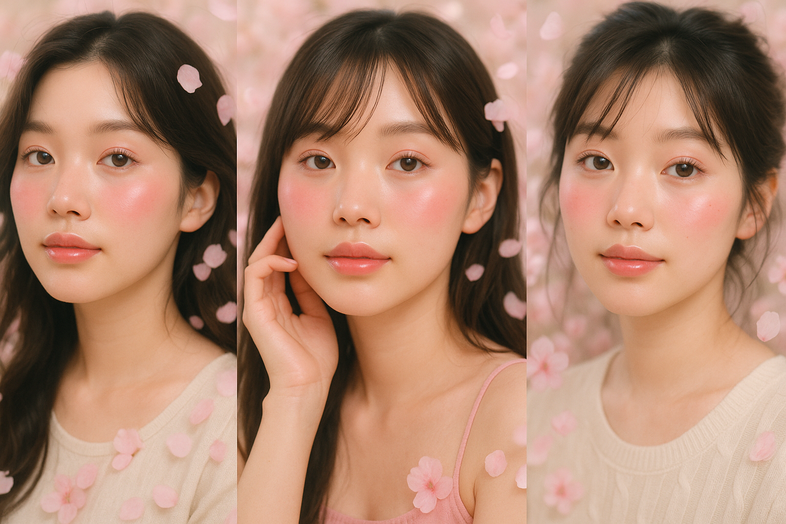 Inspirasi cherry blossom blush dari selebriti dengan tampilan pipi pink dan bibir glossy ala musim semi