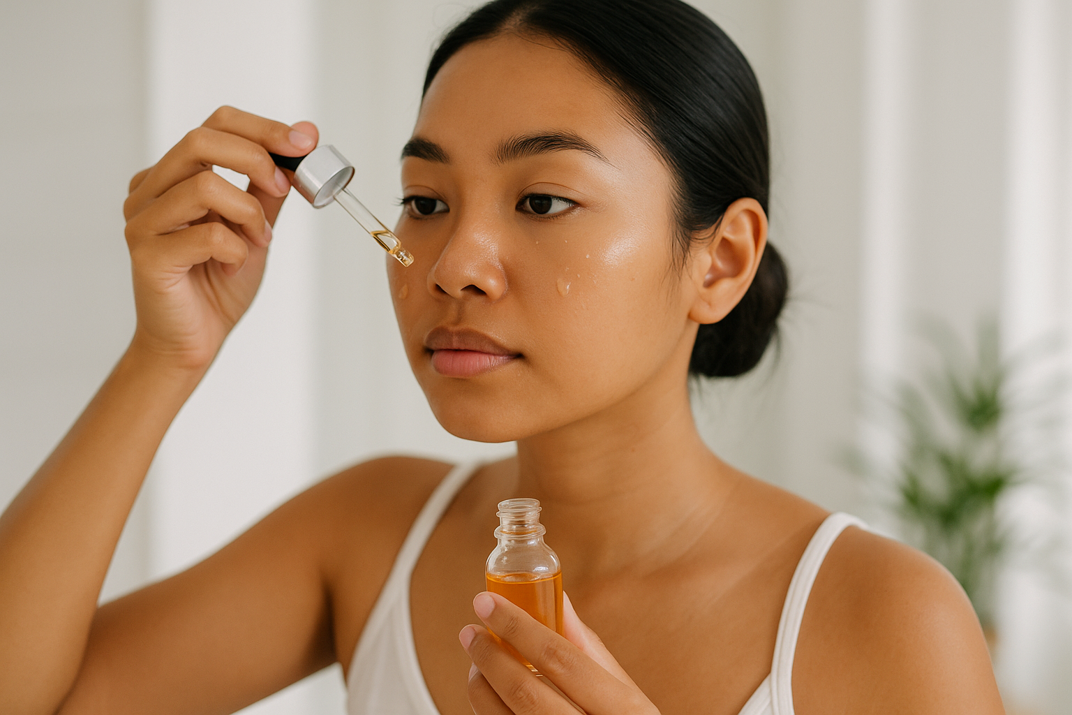 Seorang perempuan mengaplikasikan serum Vitamin C di pipi dengan pipet kaca