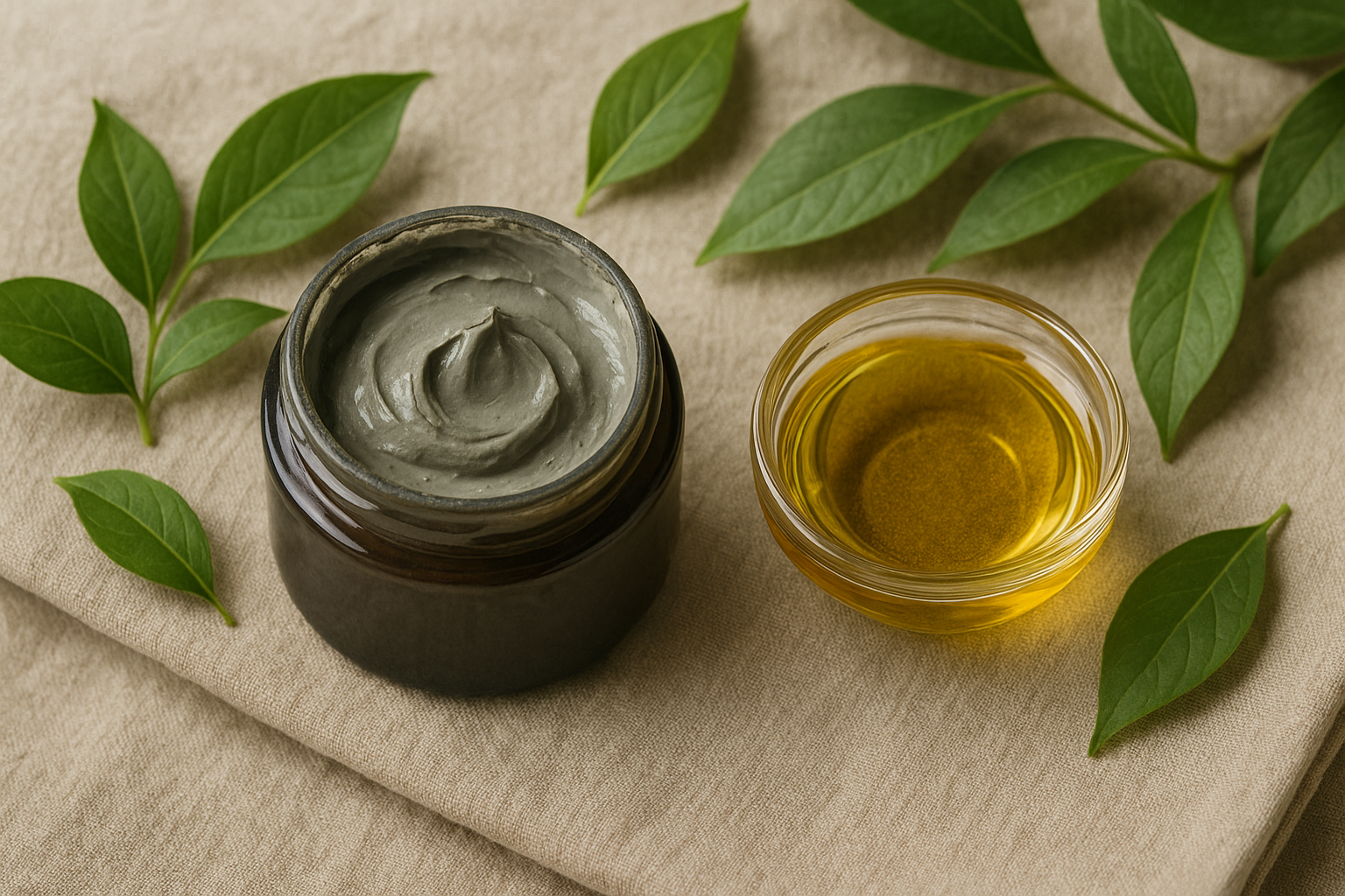 Toples clay mask terbuka di samping mangkuk kecil body oil dan daun segar di setting spa alami
