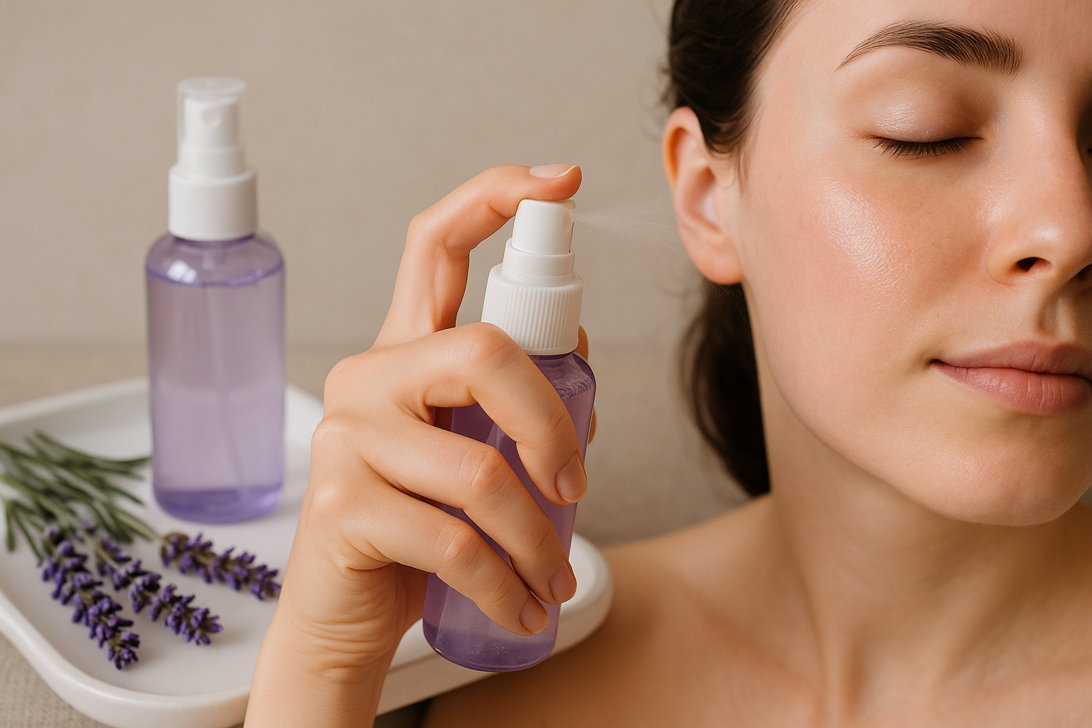 Tangan menyemprot face mist lavender di pipi dengan toner dan bunga lavender