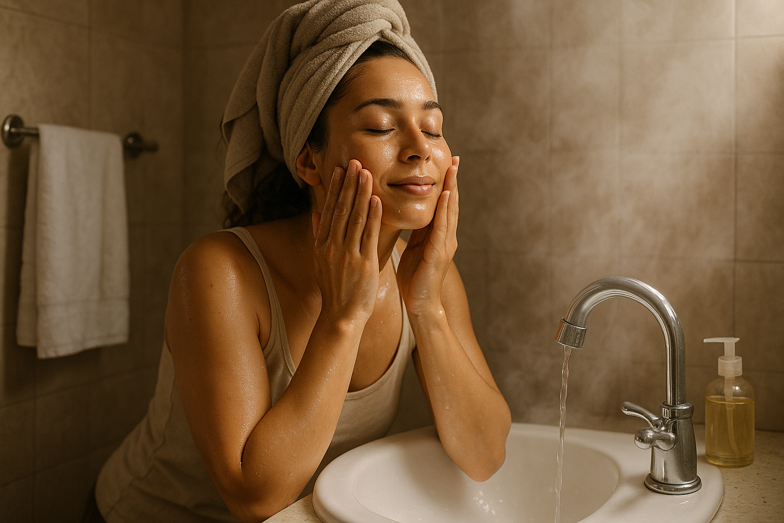 Wanita memijat oil cleanser di wajahnya di wastafel dengan ekspresi rileks