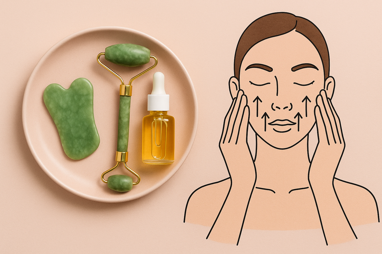 Gua sha, jade roller, dan facial oil di handuk pastel dengan demonstrasi pijat