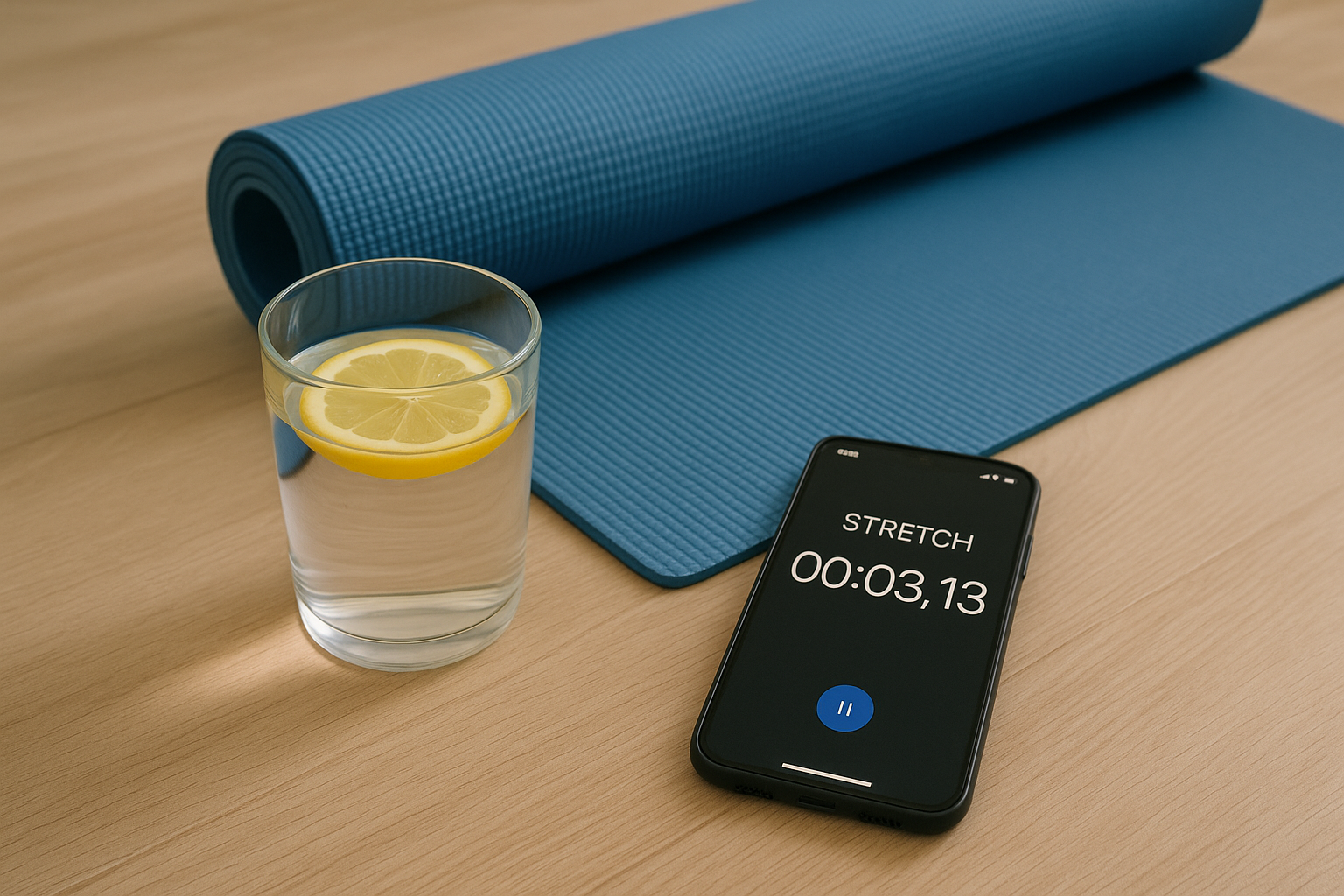 Gelas air lemon di samping matras yoga dan timer peregangan di layar ponsel