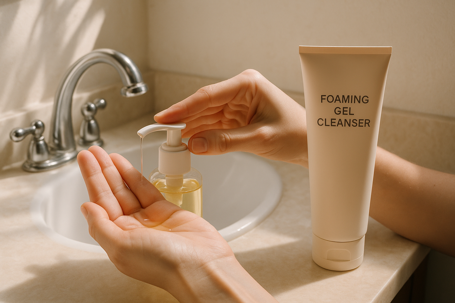 Tangan menuang oil cleanser dan gel cleanser di wastafel dengan cahaya pagi yang lembut