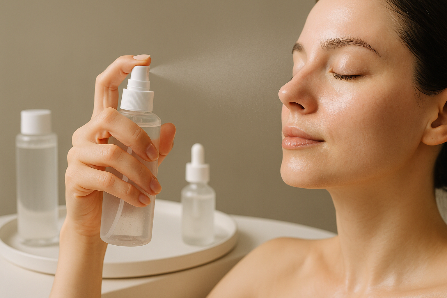 Tangan menyemprot face mist di wajah bersih dengan toner dan serum hydrating di latar atas baki putih