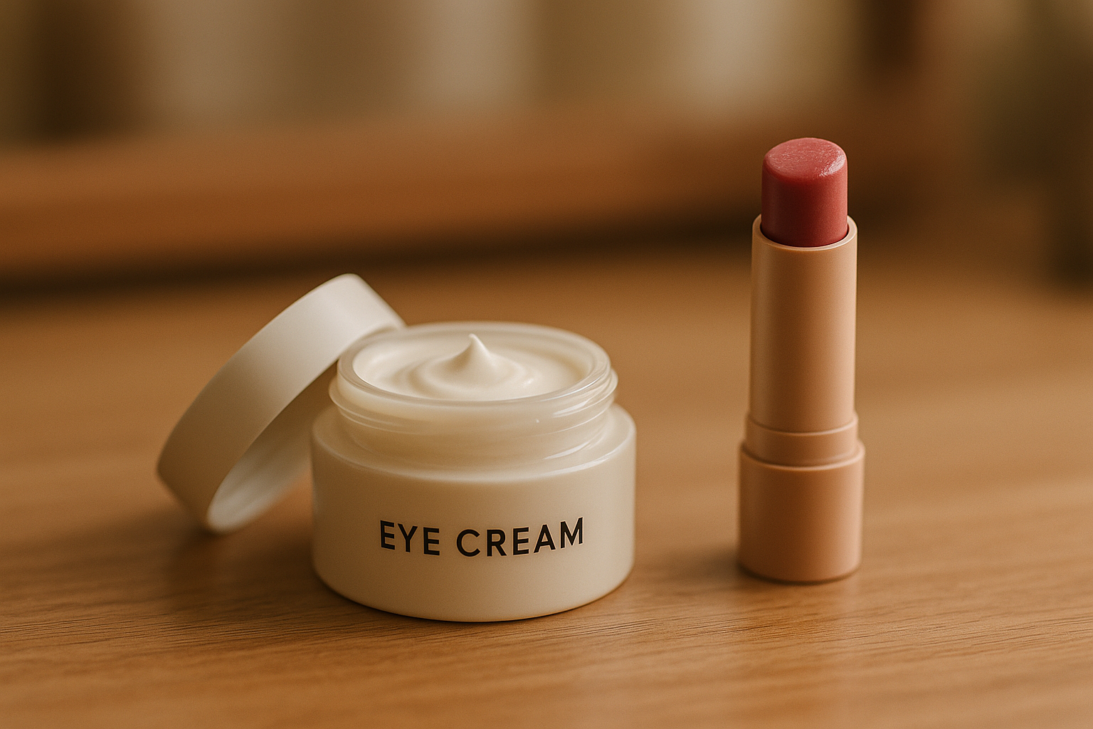 Close-up krim mata terbuka dan lip balm di meja rias kayu dengan latar lembut