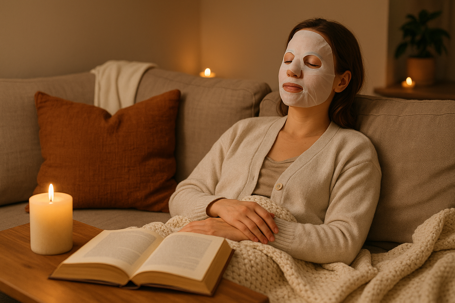 Seseorang bersantai di sofa sambil memakai sheet mask dengan lilin menyala dan selimut cozy