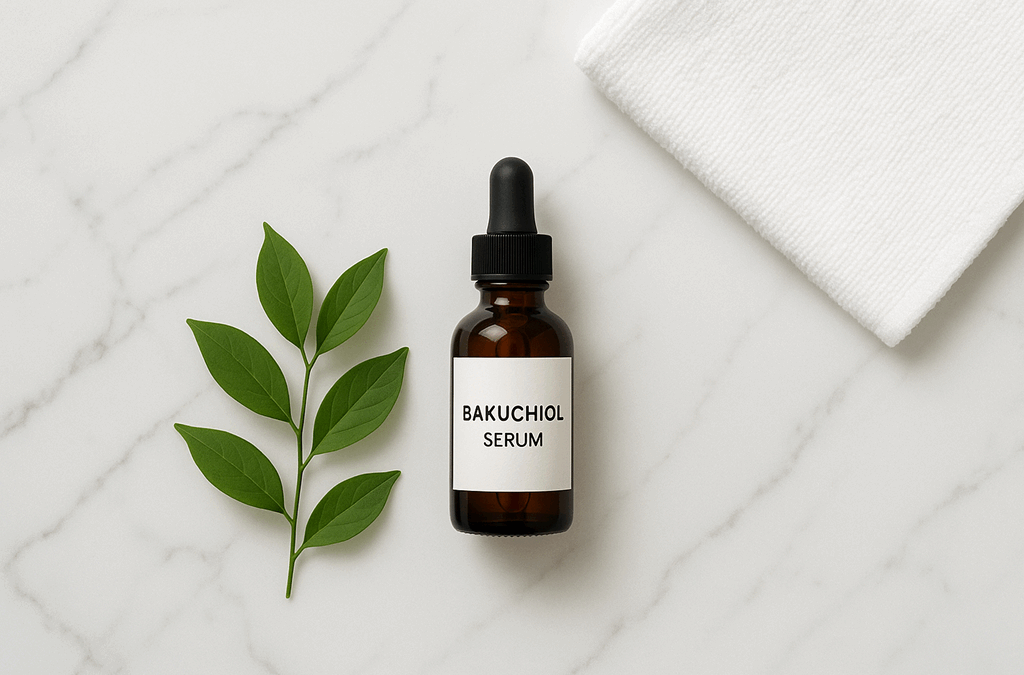Flat lay bakuchiol serum dengan botol pipet, daun hijau, dan handuk putih di atas marmer putih