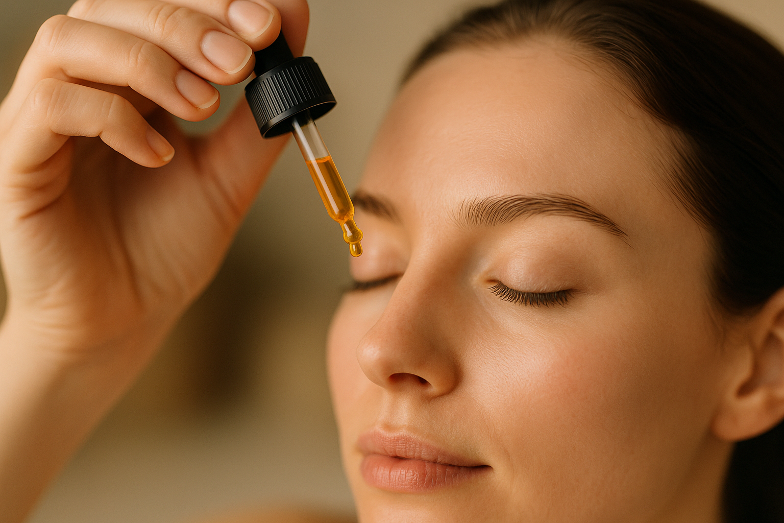 “Tangan memegang pipet bakuchiol serum di depan dahi wanita dengan latar kulit halus” 