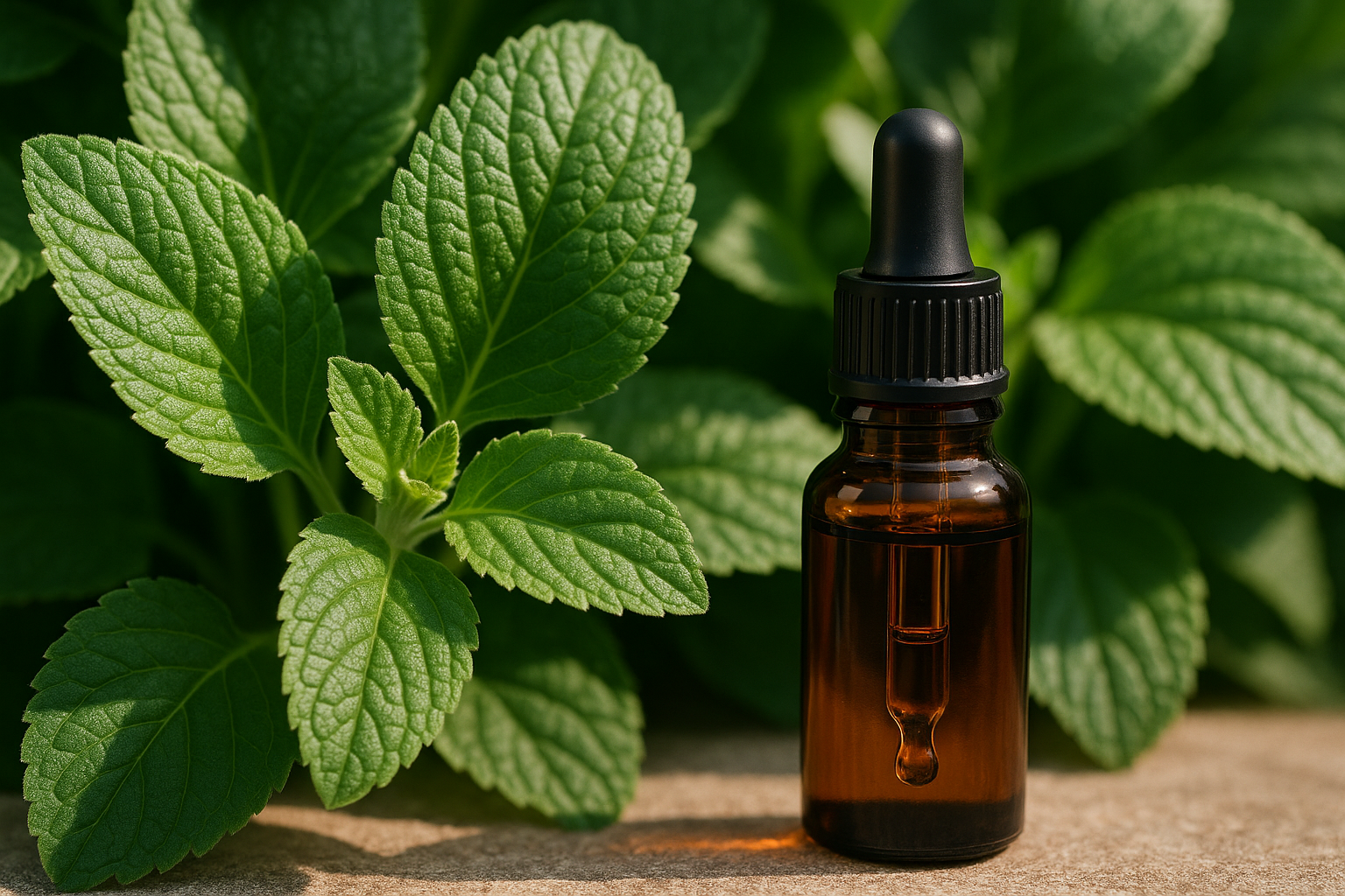 “Daun tanaman bakuchiol dengan botol serum pipet di depannya dalam cahaya alami” 