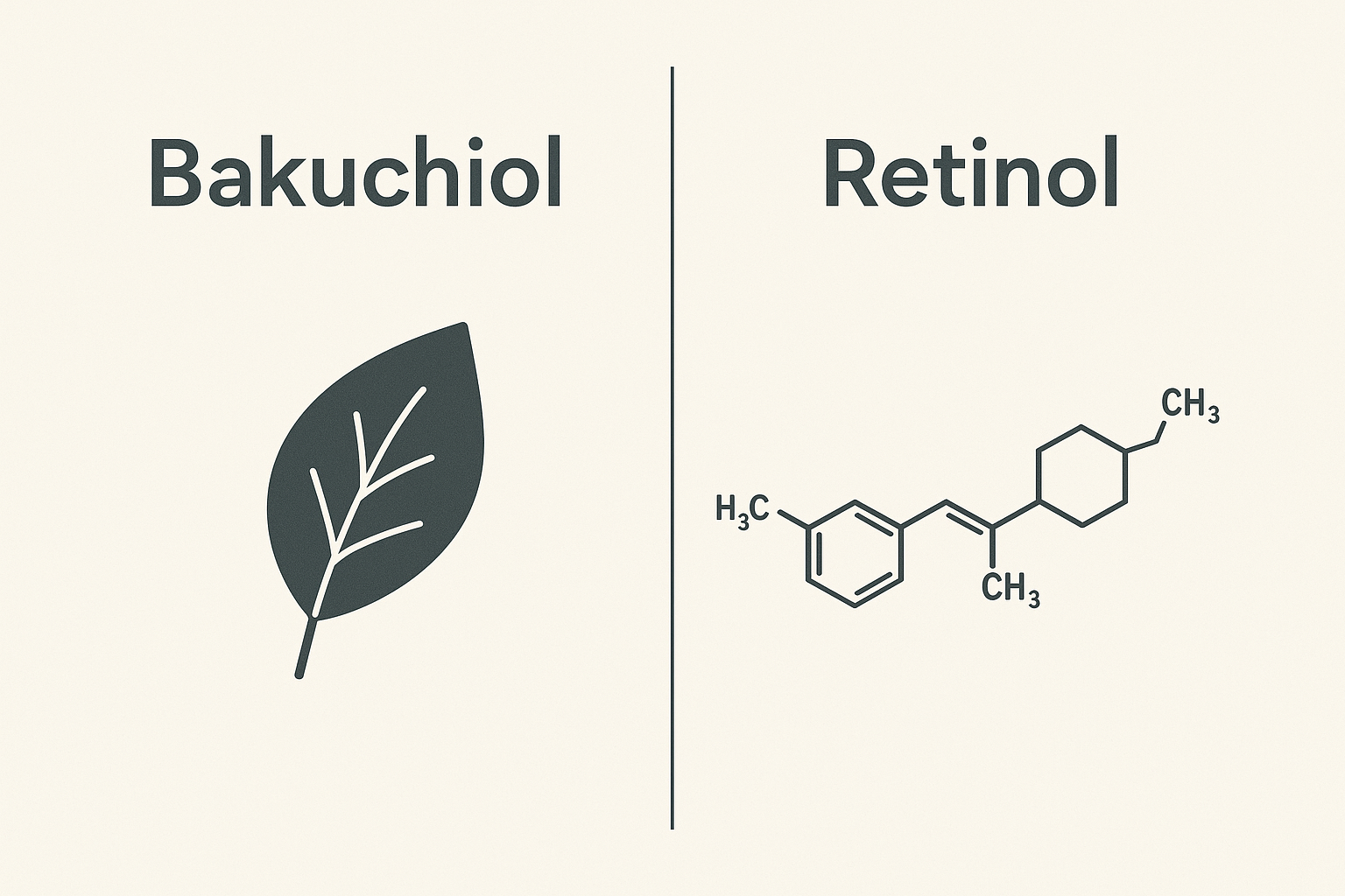 “Infografis perbandingan bakuchiol vs retinol dengan ikon daun untuk bakuchiol dan struktur kimia untuk retinol” 