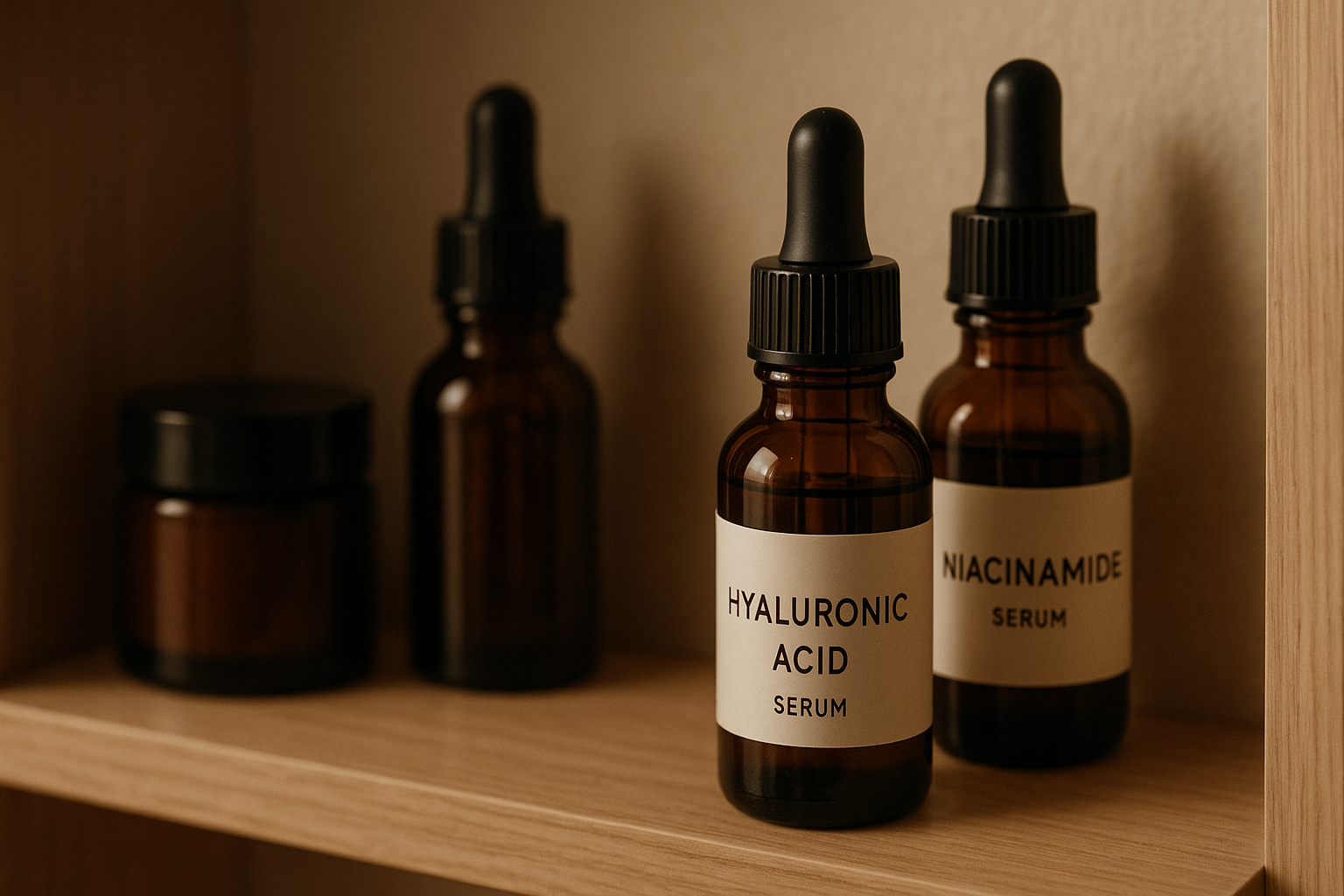“Rak skincare dengan botol serum kaca gelap berlabel bakuchiol, hyaluronic acid, niacinamide, dan pencahayaan lembut”