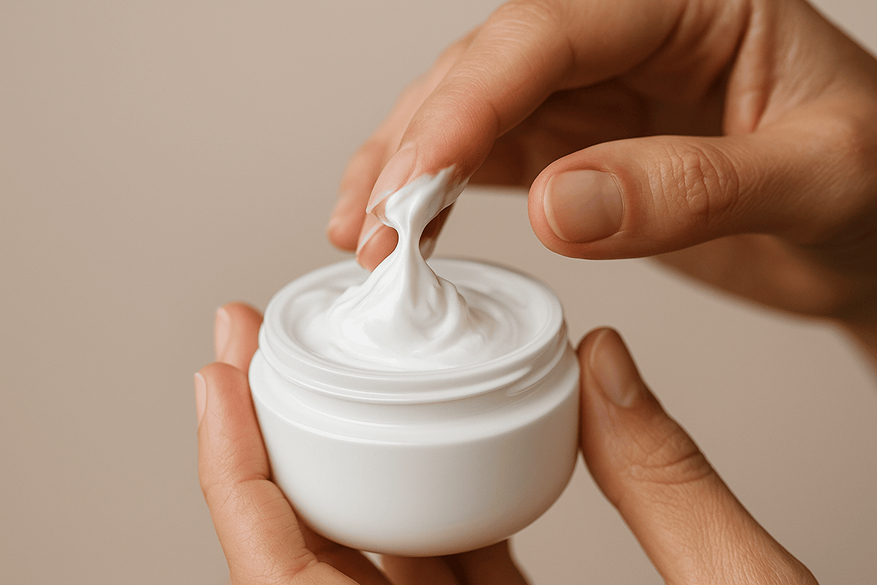 “Tangan mengambil krim ceramide dari jar dengan latar netral menonjolkan tekstur lembut”