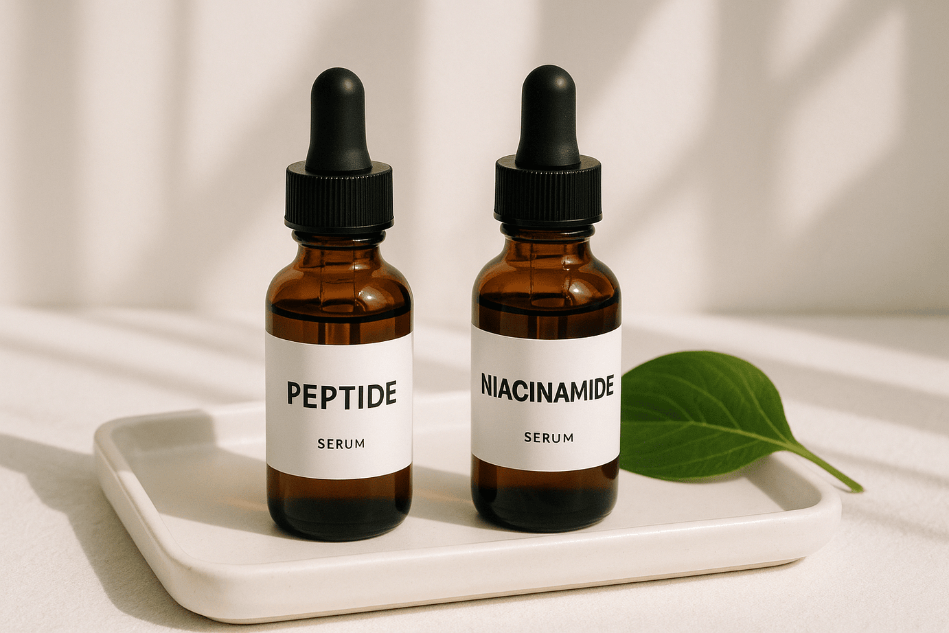 "Dua botol serum pipet berlabel Peptide dan Niacinamide di atas baki putih dengan daun hijau sebagai aksen”