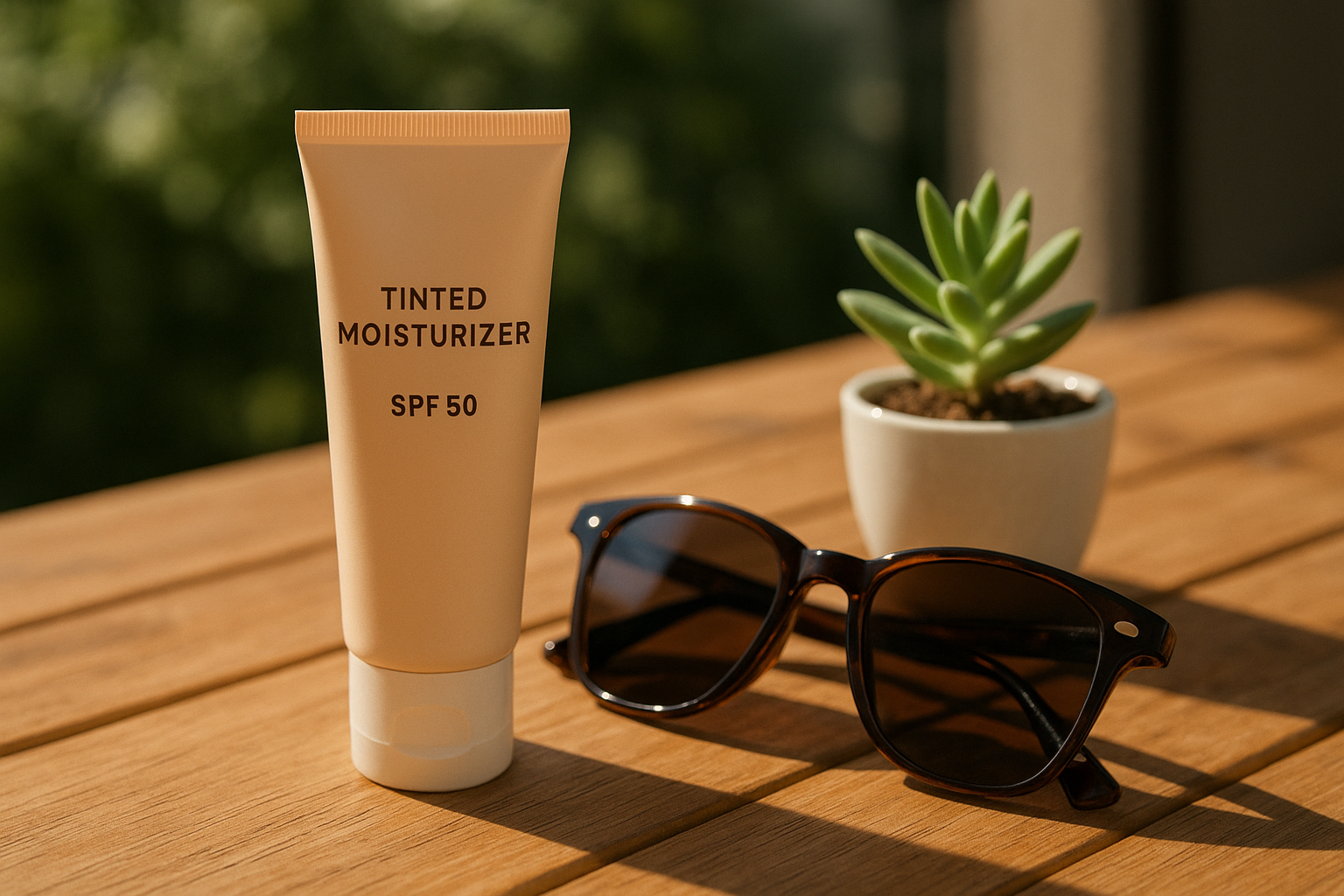 “Tube tinted moisturizer dengan SPF50 di samping kacamata hitam dan tanaman kecil di atas meja kayu di siang hari cerah”
