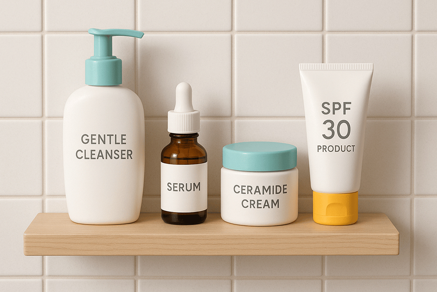 “Rak kamar mandi minimalis: pembersih lembut, satu serum, krim ceramide, dan produk SPF tersusun rapi dalam satu baris”