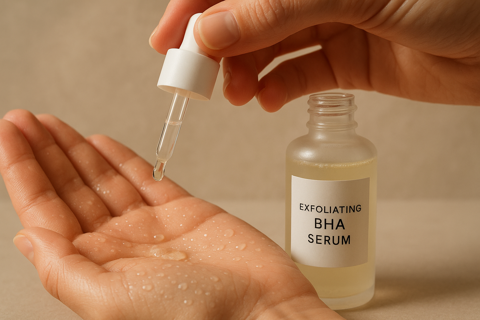 “Tangan mengaplikasikan serum BHA eksfoliasi pada kulit dengan cahaya lembut”