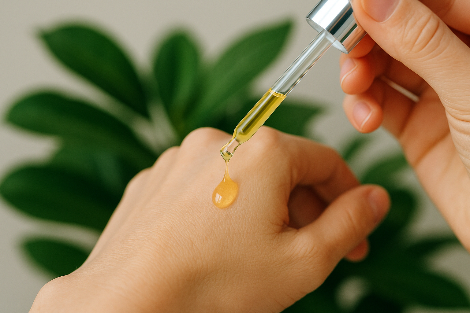 “Pipet meneteskan serum retinol di punggung tangan dengan latar tanaman hijau