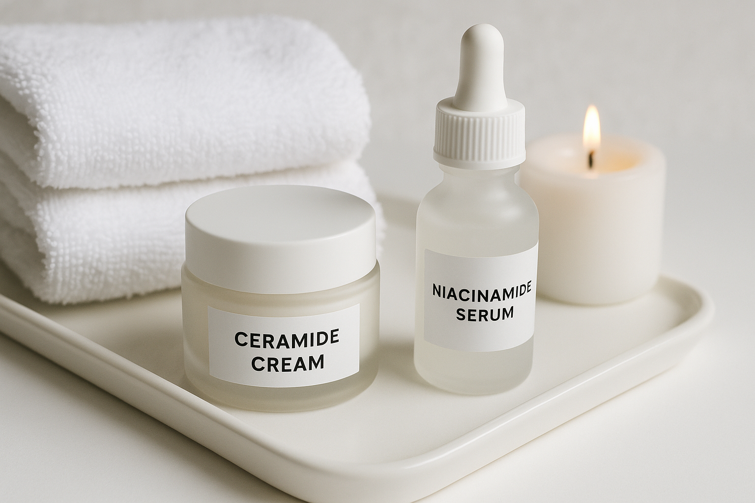 “Krim ceramide dan serum niacinamide di baki putih dengan handuk dan lilin kecil”