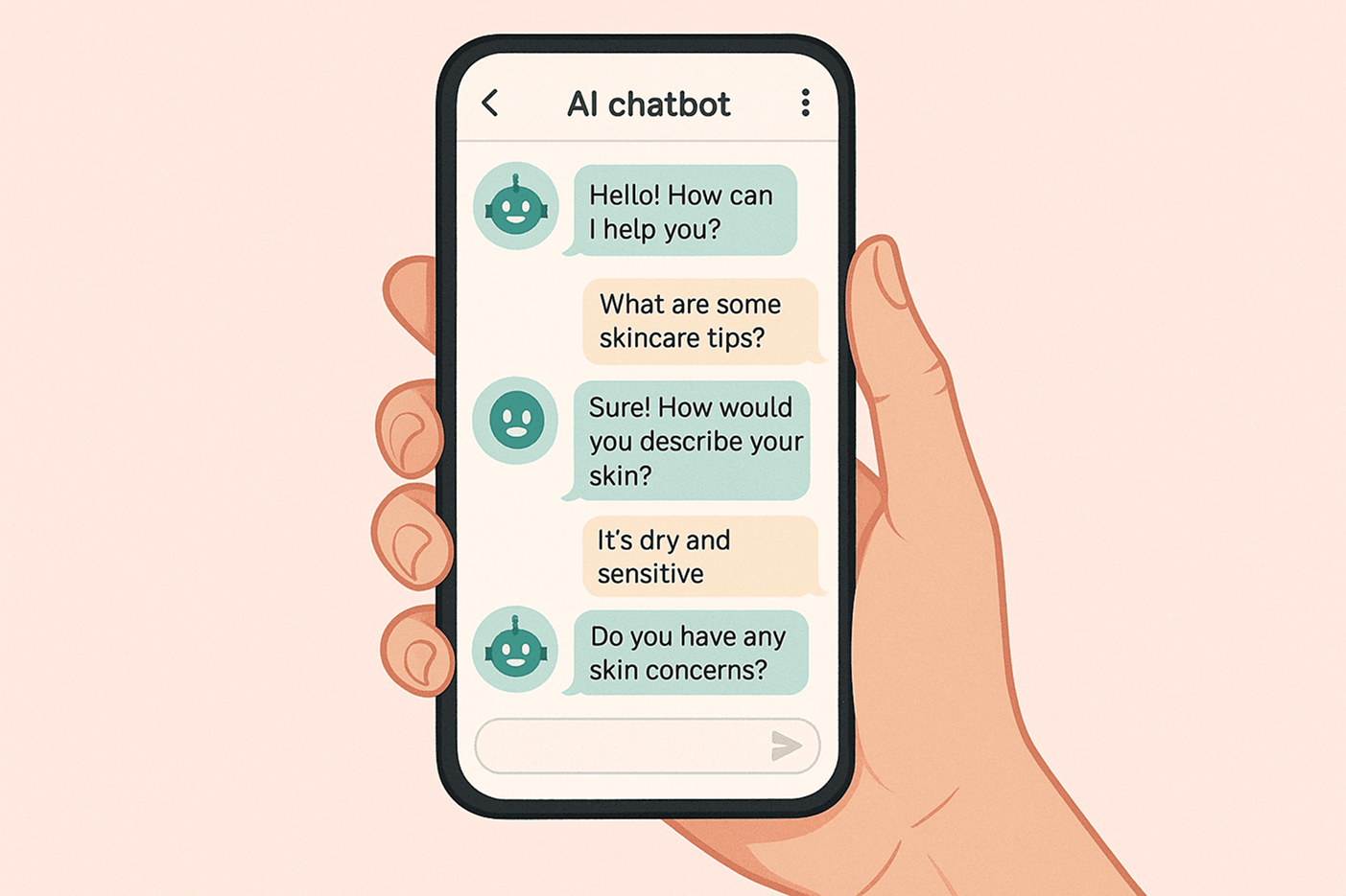 “Ponsel menampilkan chat konsultasi AI skincare dengan latar belakang warna pastel lembut” 