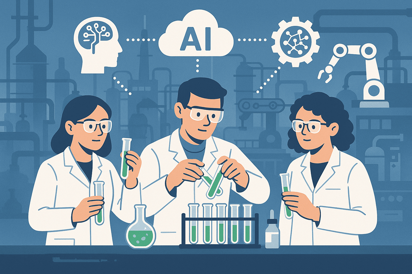 “Laboratorium maklon membuat formula serum dengan ikon AI di atas menandakan produksi pintar”